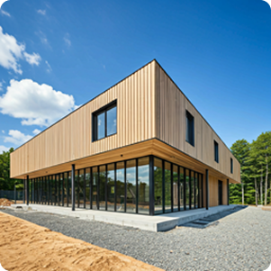 neues Architektonisches Gebäude mit Holz Glas Fasade